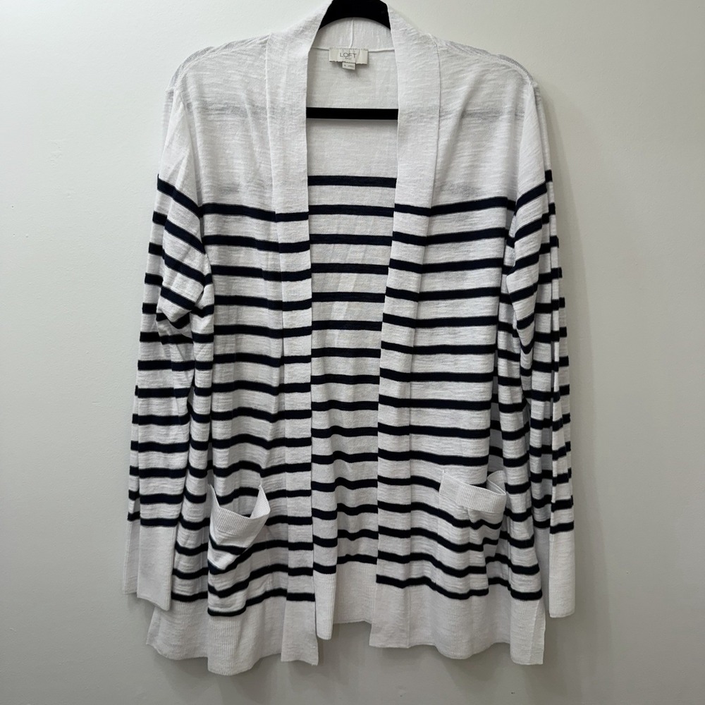 LOFT White Black Striped Open Front‎ Cardigan XL 100% Cotton Lightweight